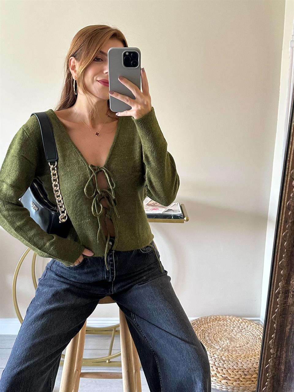 Haki Önü Bağlamalı Triko Hırka