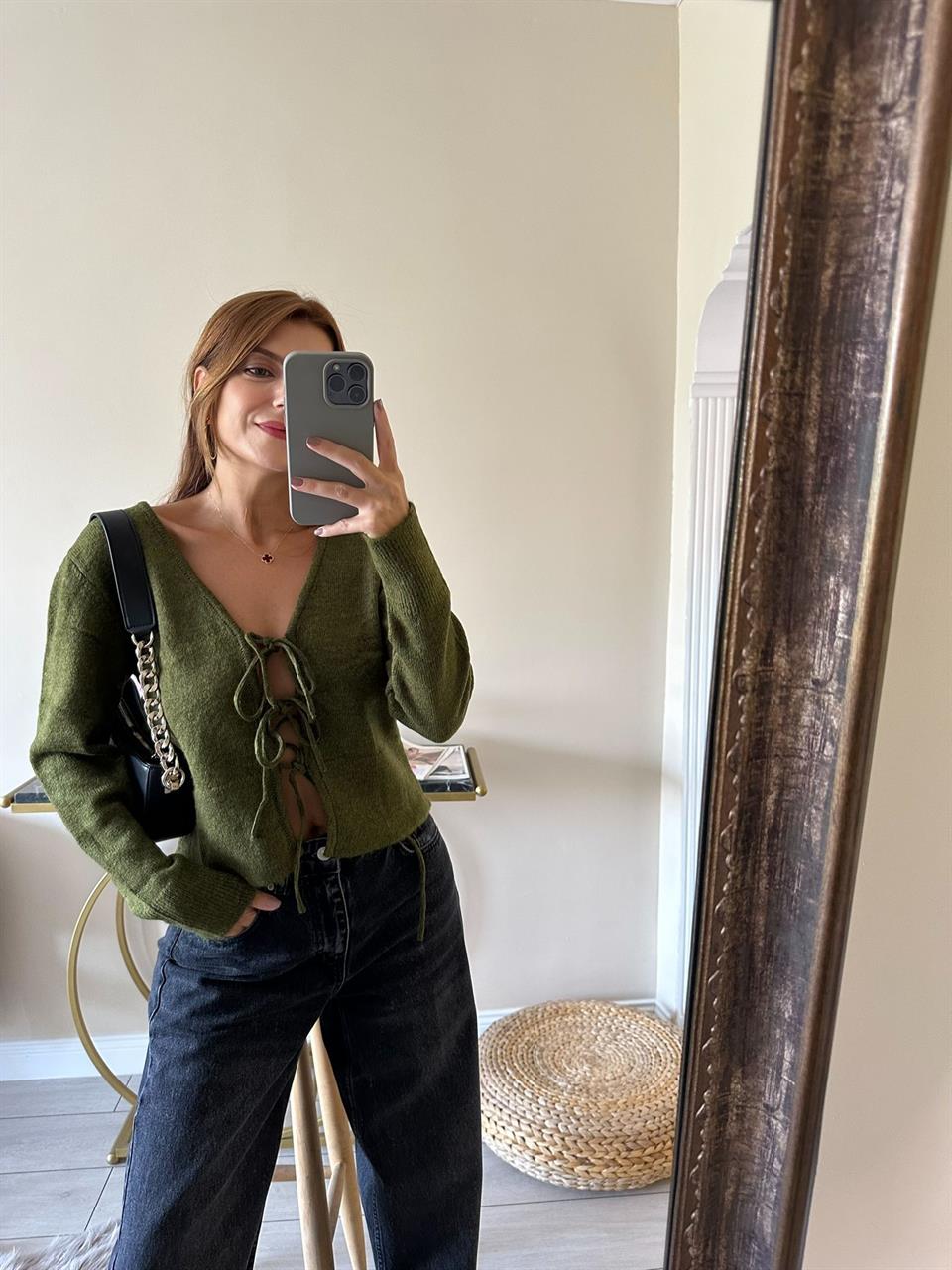 Haki Önü Bağlamalı Triko Hırka