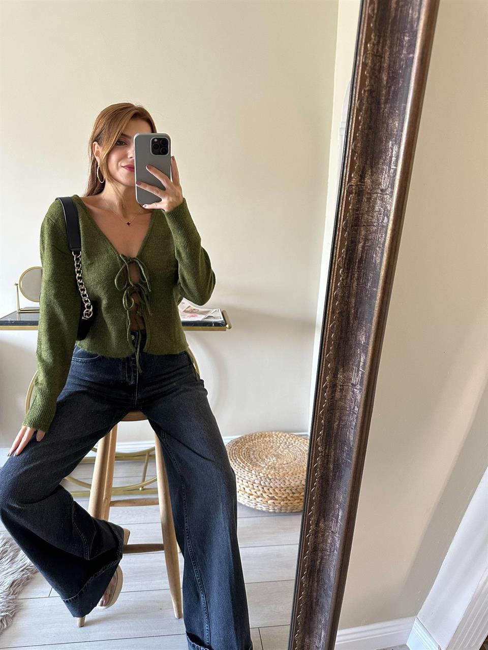 Haki Önü Bağlamalı Triko Hırka