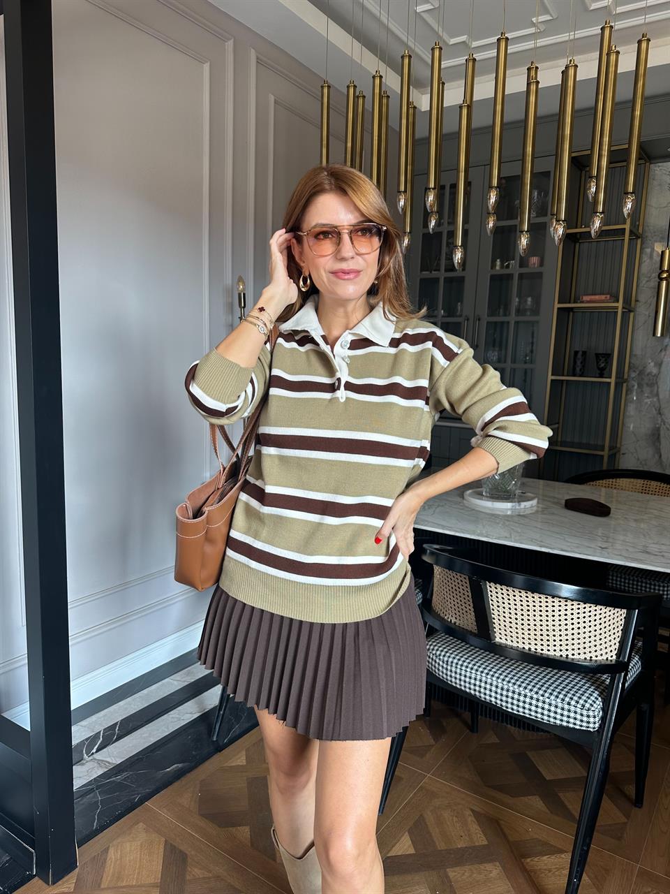 Haki Oversize Çizgili Polo Yaka Triko Kazak