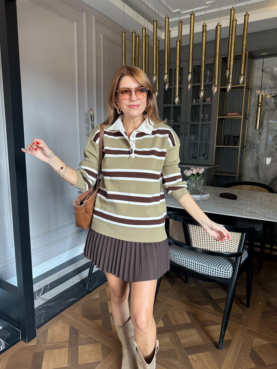 Haki Oversize Çizgili Polo Yaka Triko Kazak