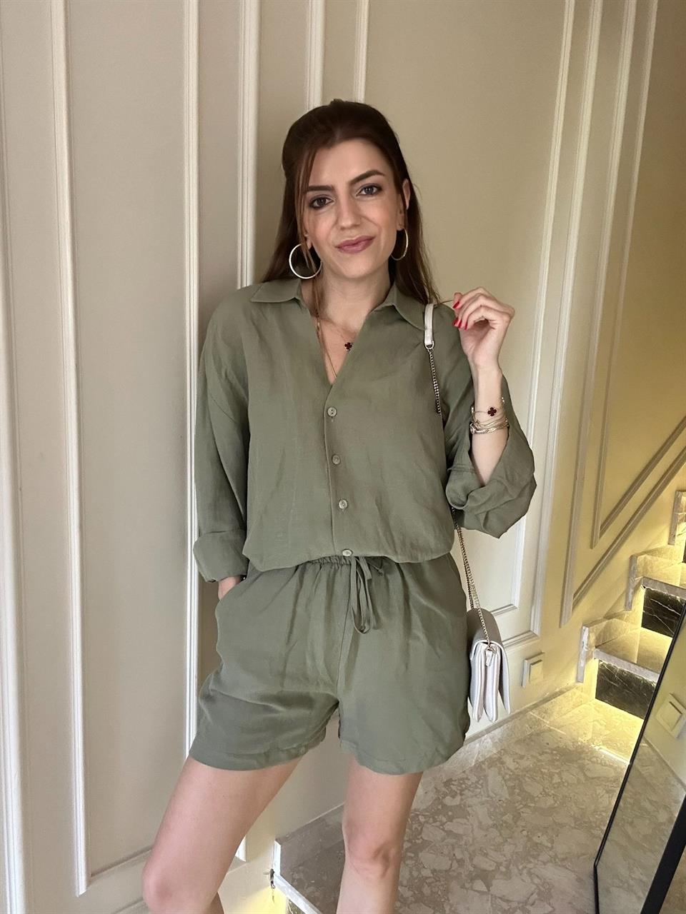 Haki Oversize Gömlek Şort Keten Takım