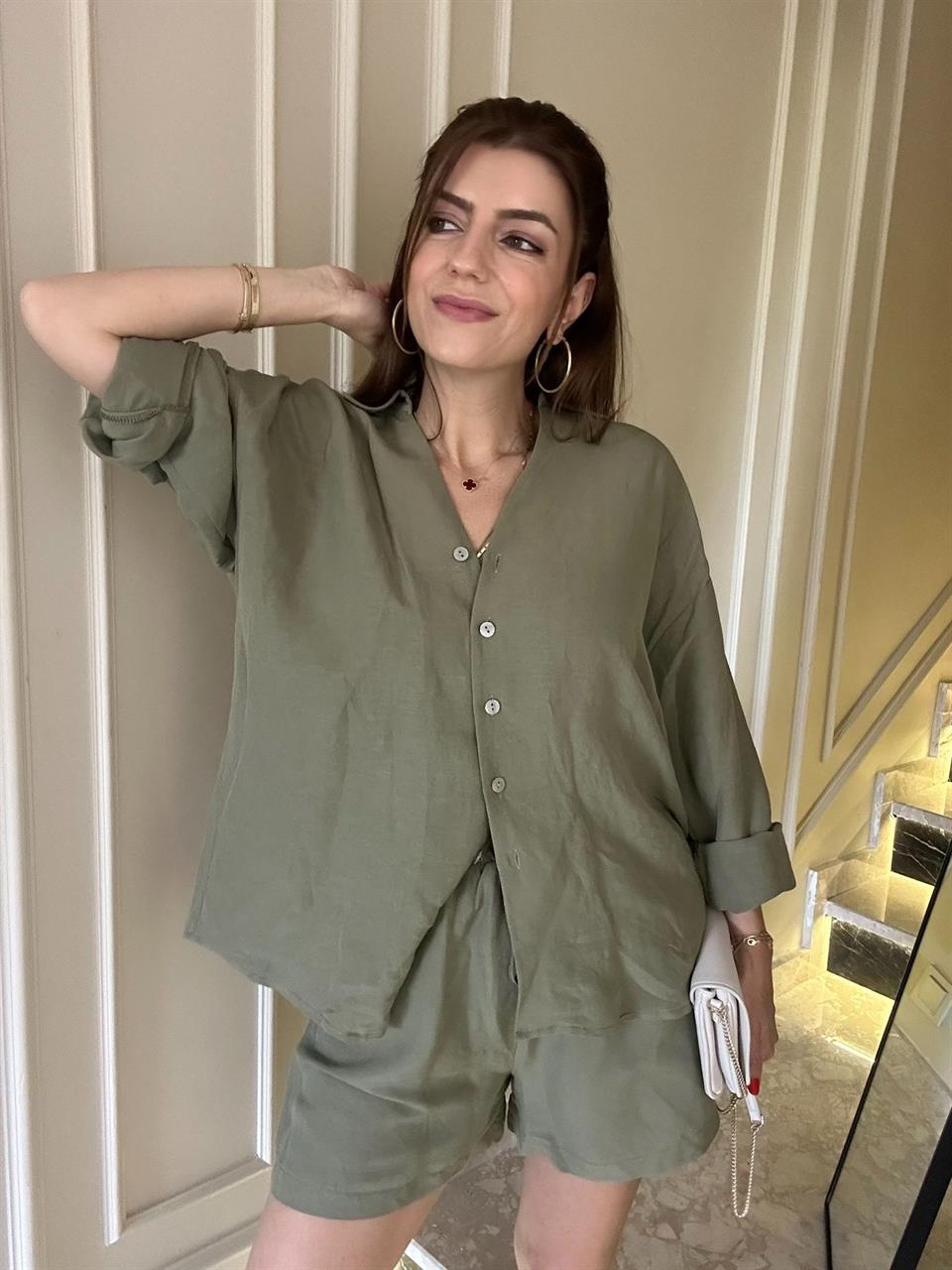 Haki Oversize Gömlek Şort Keten Takım