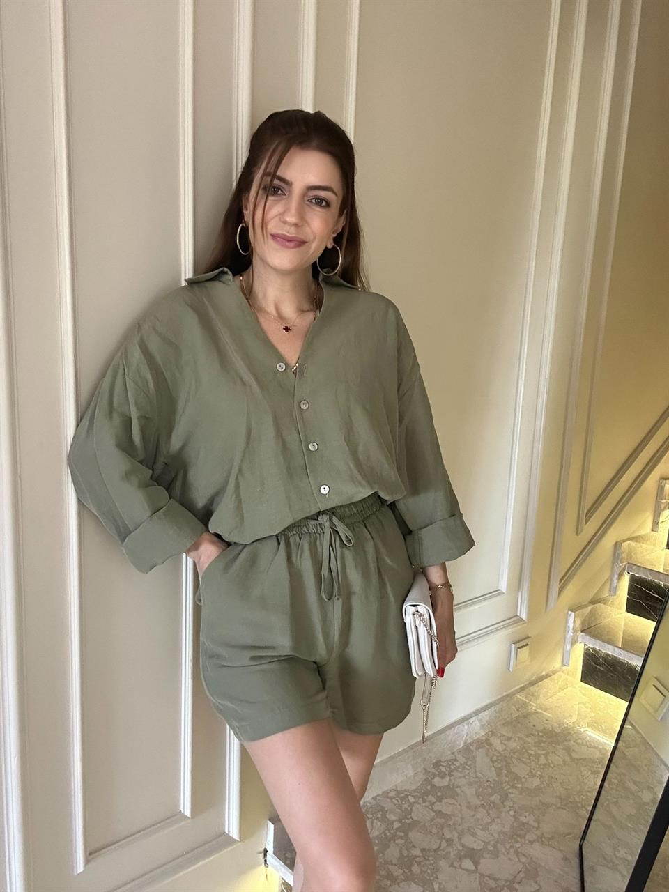 Haki Oversize Gömlek Şort Keten Takım