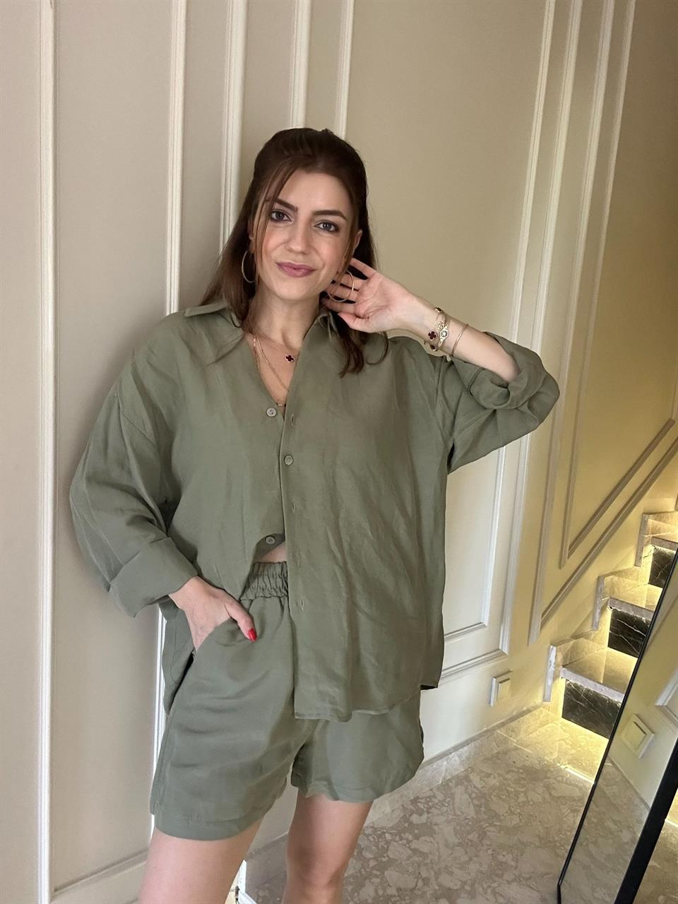 Haki Oversize Gömlek Şort Keten Takım