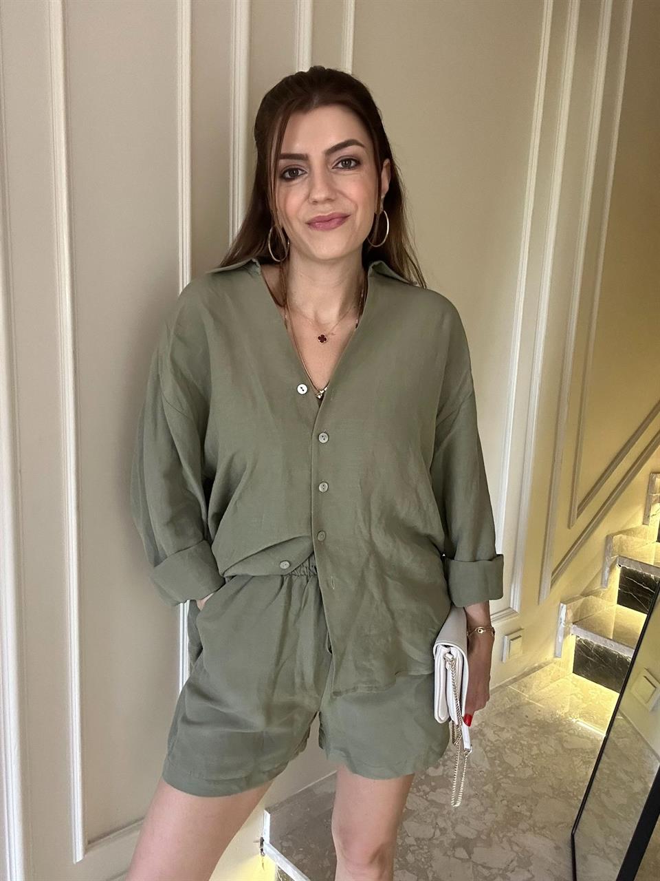 Haki Oversize Gömlek Şort Keten Takım