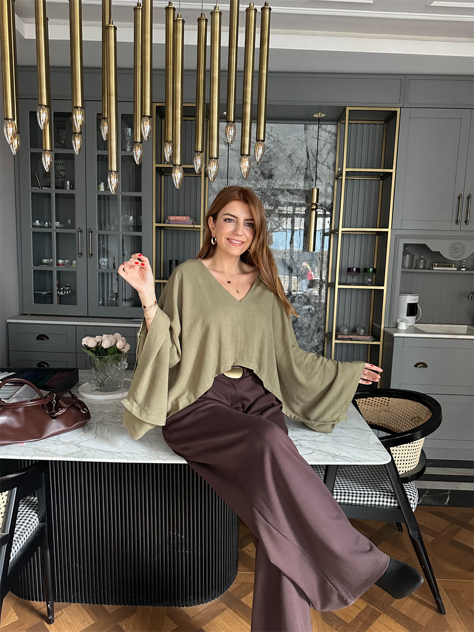 Haki V Yaka İspanyol Kol Keten Bluz