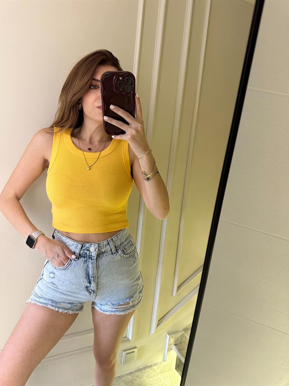 Hardal Fitilli Halter Yaka Crop