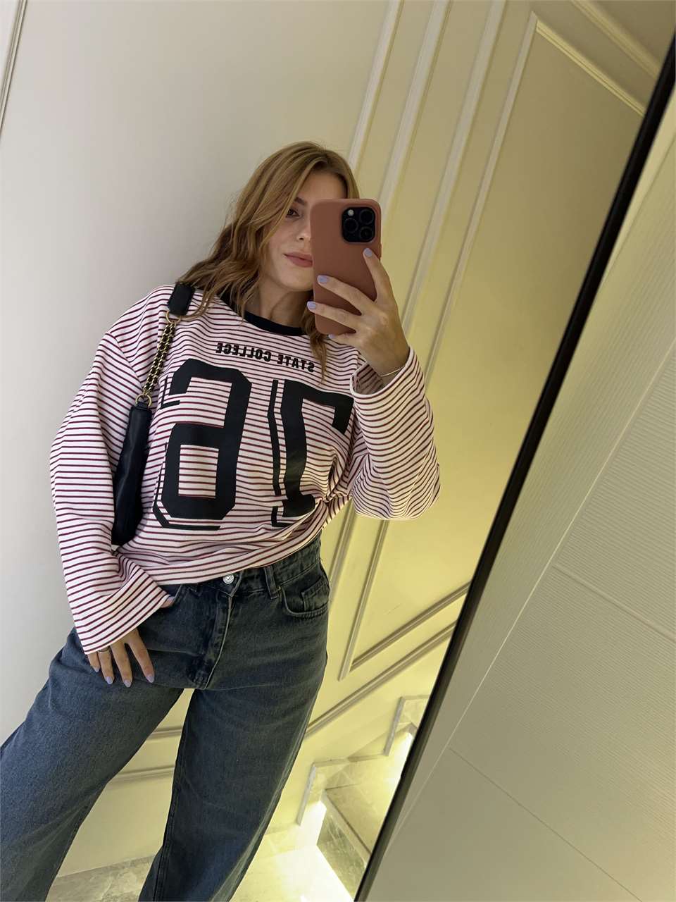 Kadın 76 Baskılı Çizgili Kolej Sweatshirt