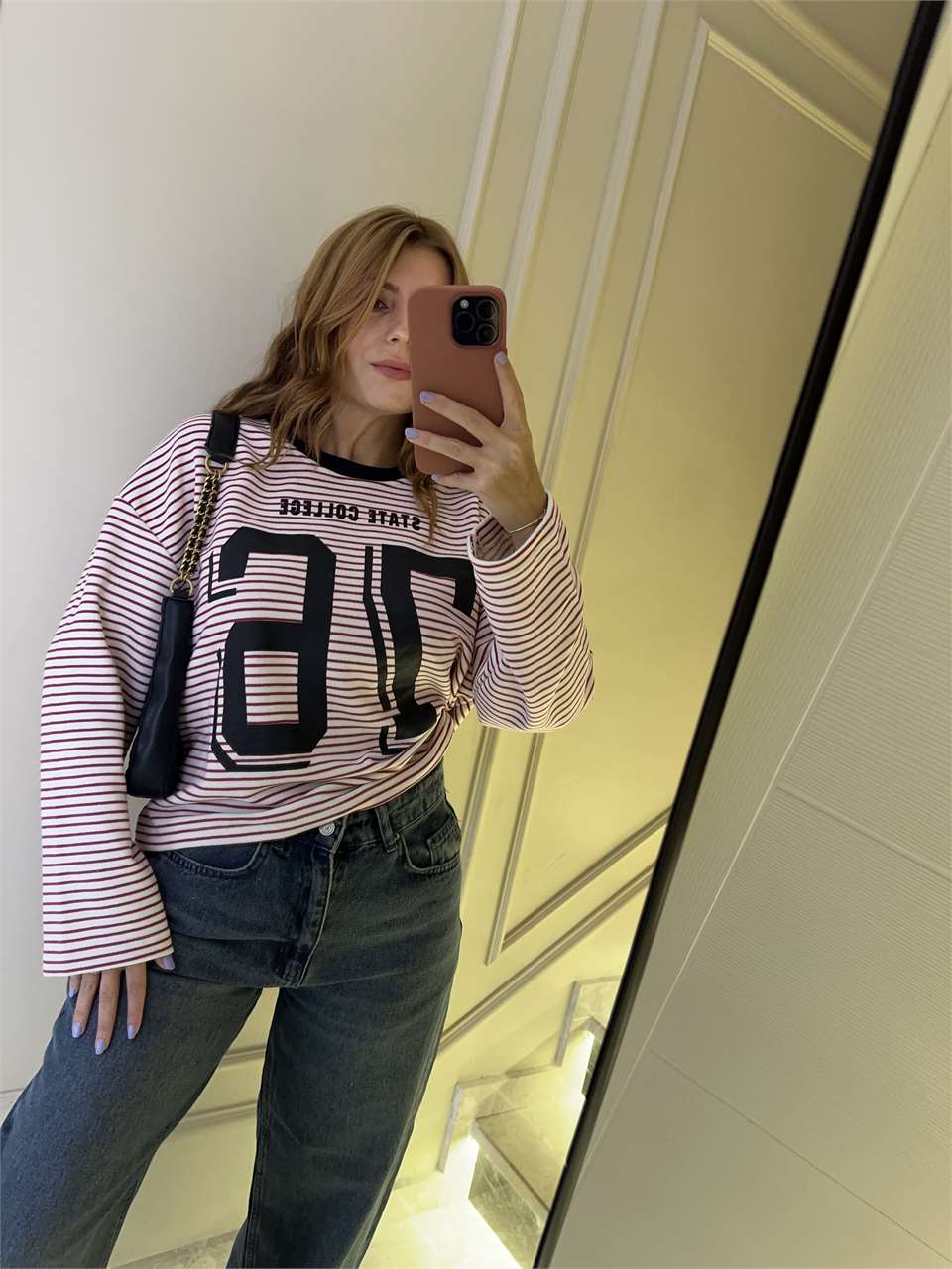Kadın 76 Baskılı Çizgili Kolej Sweatshirt