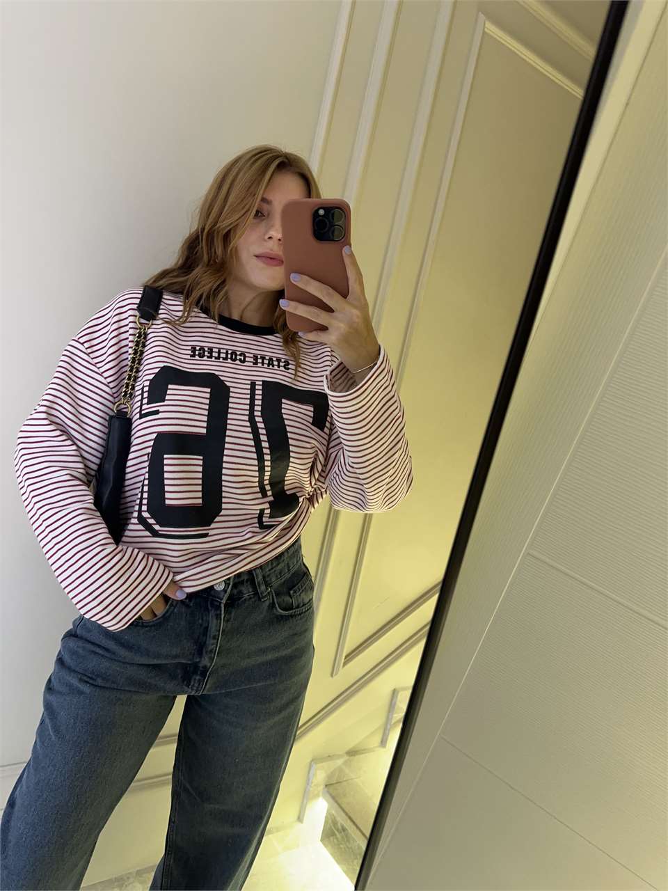 Kadın 76 Baskılı Çizgili Kolej Sweatshirt