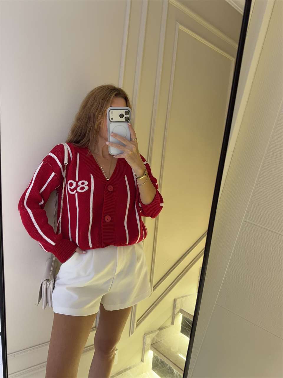 Kadın 89 Çizgili Triko Hırka - Kırmızı