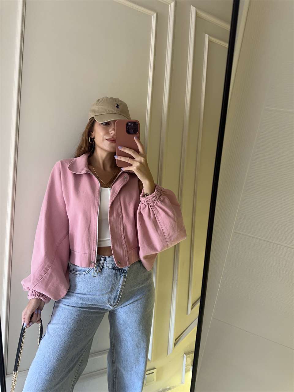Kadın Balon Kol Kot Ceket - Pembe