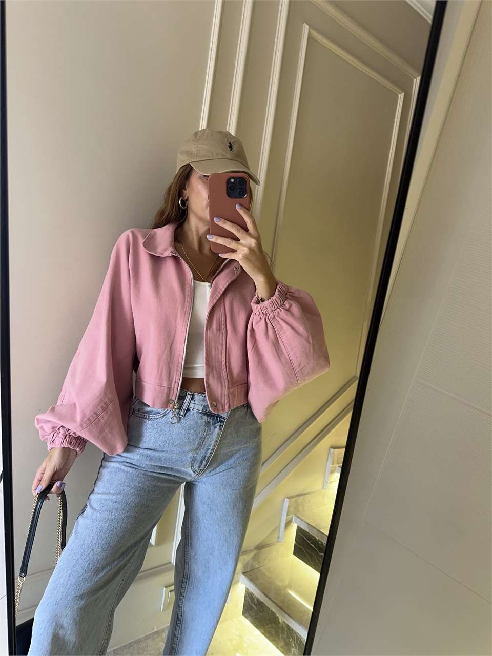 Kadın Balon Kol Kot Ceket - Pembe