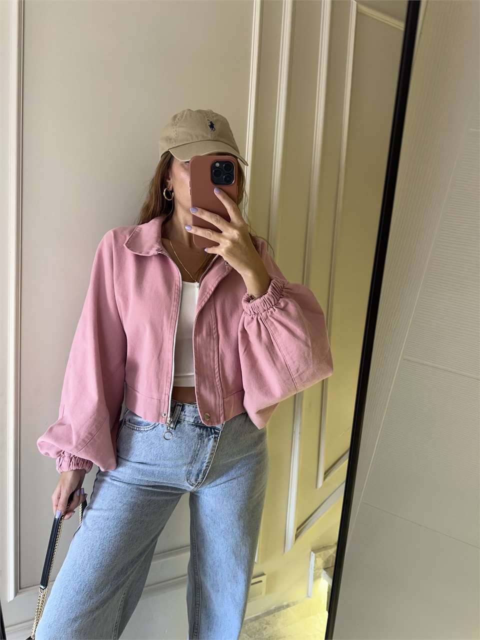 Kadın Balon Kol Kot Ceket - Pembe