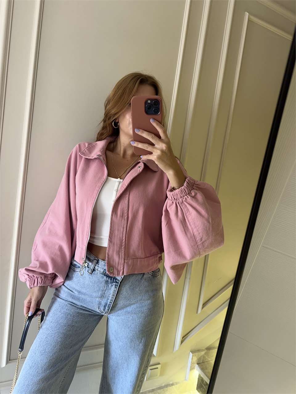 Kadın Balon Kol Kot Ceket - Pembe