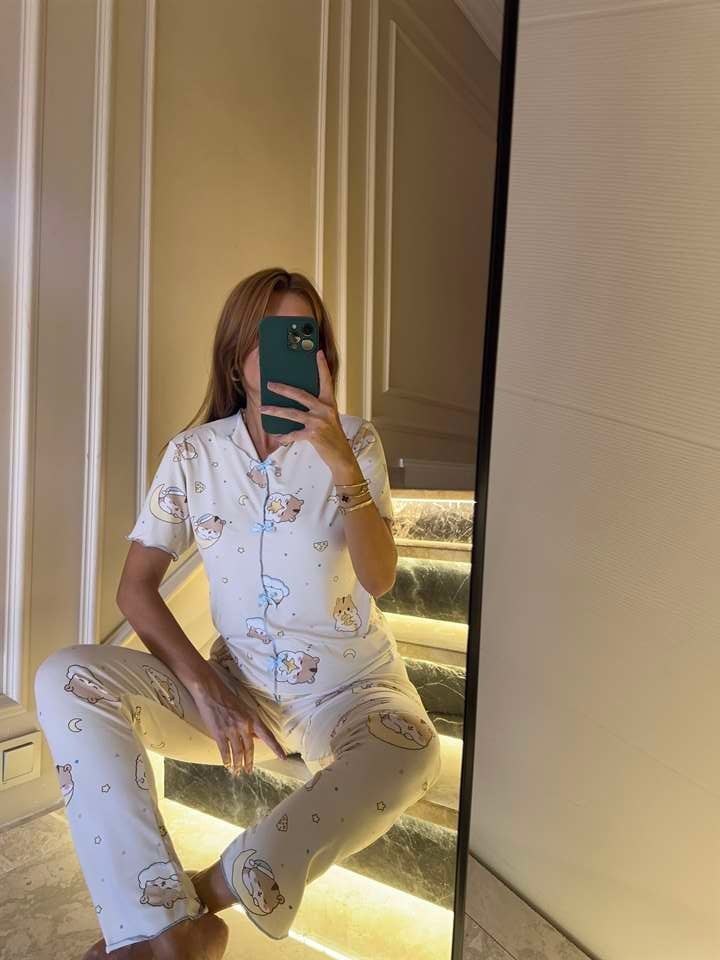 Kadın Bej Sleepy Kitty Fiyonklu Alt Uzun Pijama Takım