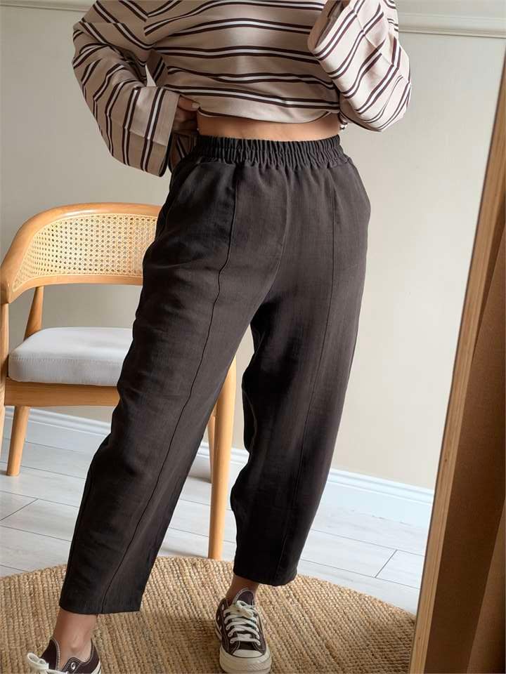 Kadın Beli Lastikli Barrel Pantolon - Acı Kahve