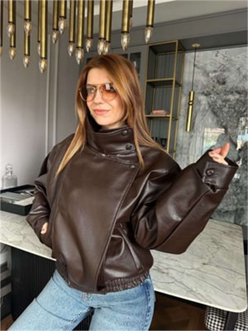 Kadın Beli Lastikli Fermuarlı Dik Yaka Deri Ceket - Acı Kahve