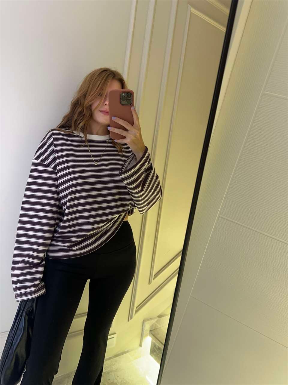 Kadın Bis Yaka Çizgili Sweatshirt - BejBordo