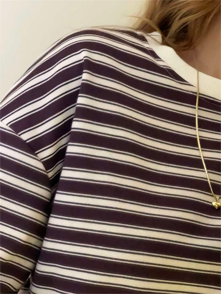 Kadın Bis Yaka Çizgili Sweatshirt - BejBordo