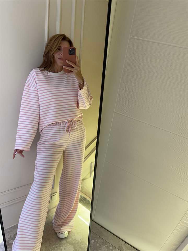 Kadın Bisiklet Yaka Çizgili Takım - Pembe