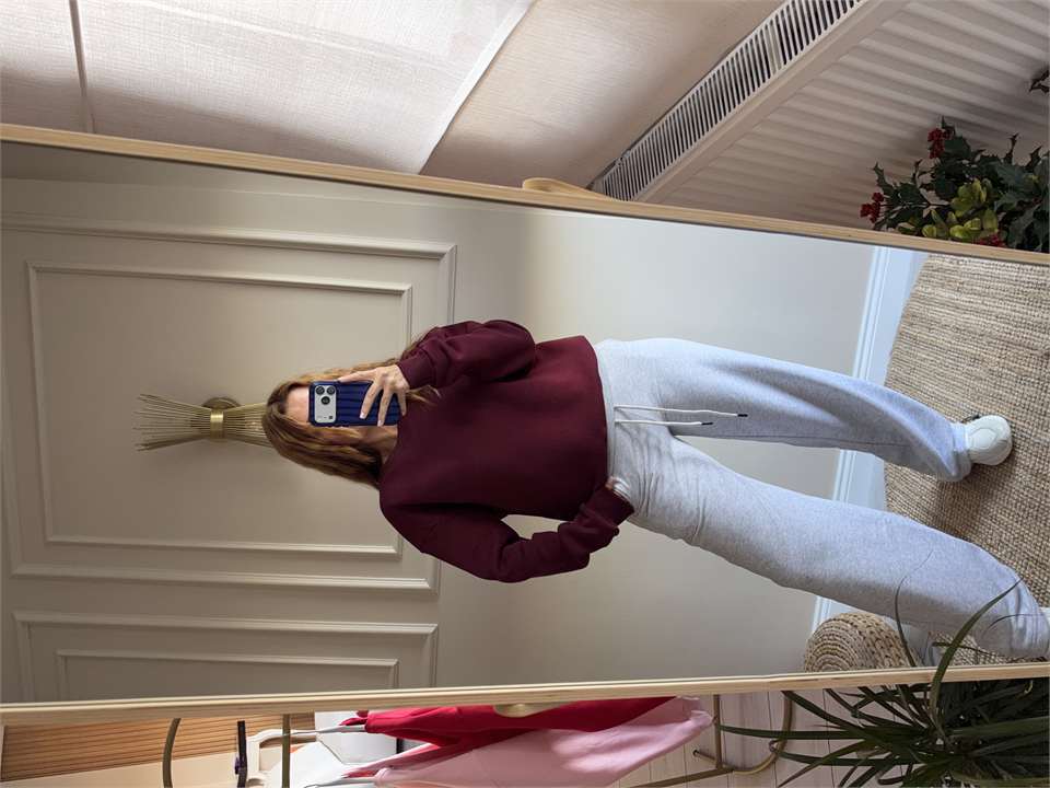 Kadın Bisiklet Yaka Şardonlu Sweatshirt - Bordo