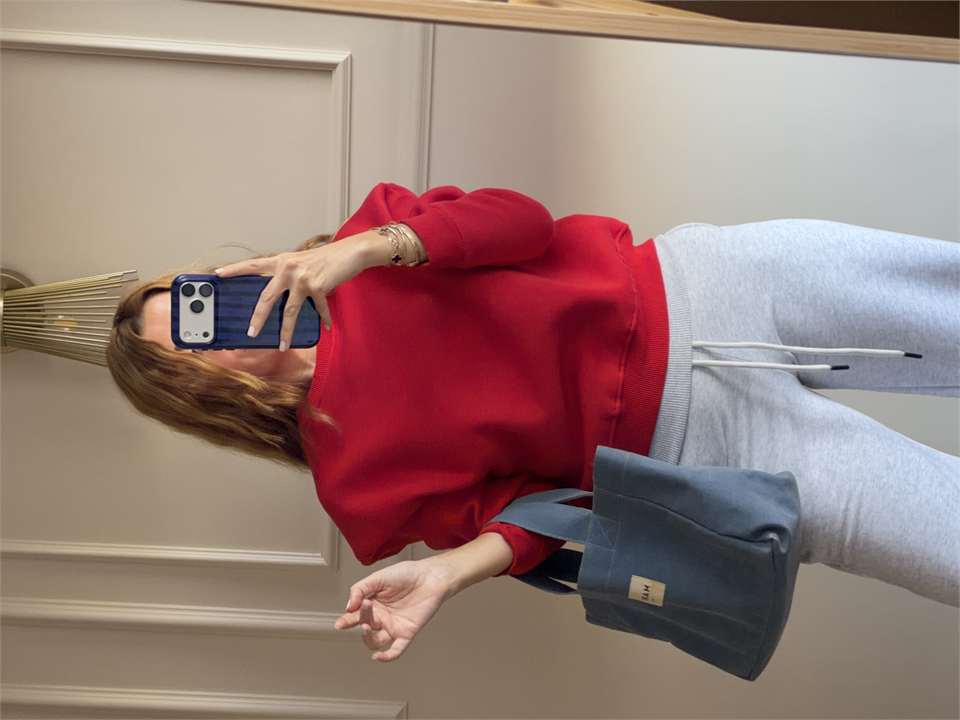 Kadın Bisiklet Yaka Şardonlu Sweatshirt - Kırmızı