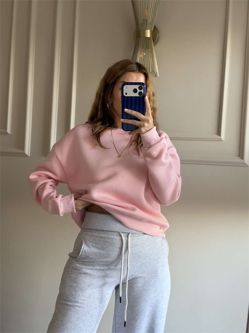 Kadın Bisiklet Yaka Şardonlu Sweatshirt - Pembe