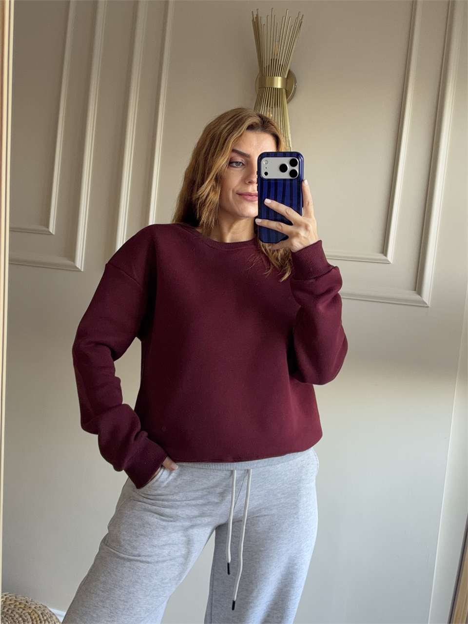 Kadın Bisiklet Yaka Şardonlu Sweatshirt - Bordo