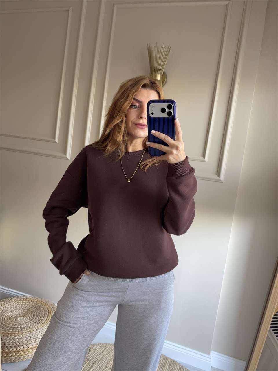 Kadın Bisiklet Yaka Şardonlu Sweatshirt - Acı Kahve