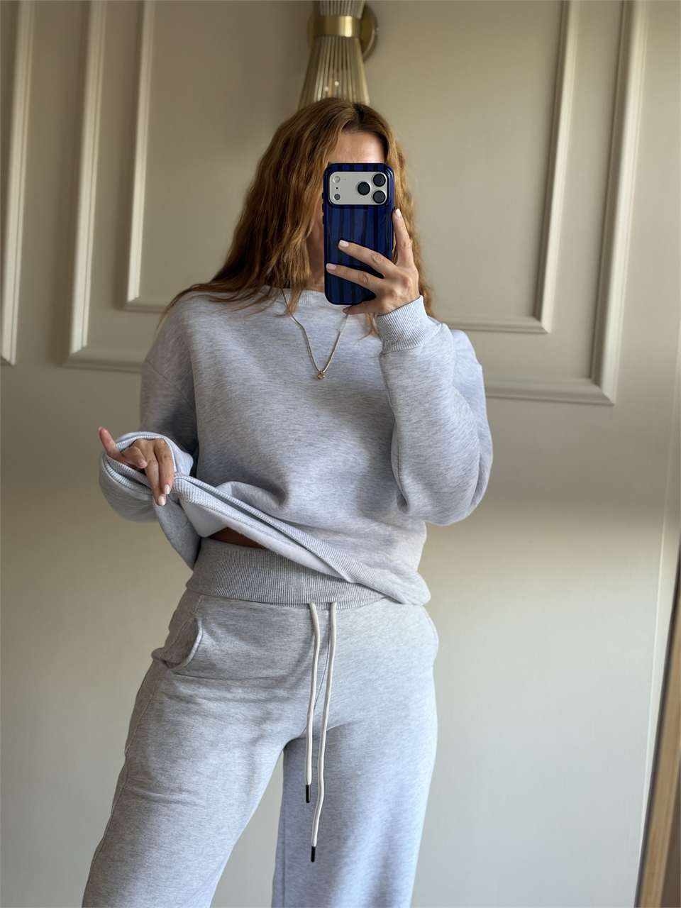 Kadın Bisiklet Yaka Şardonlu Sweatshirt - Melanj Gri