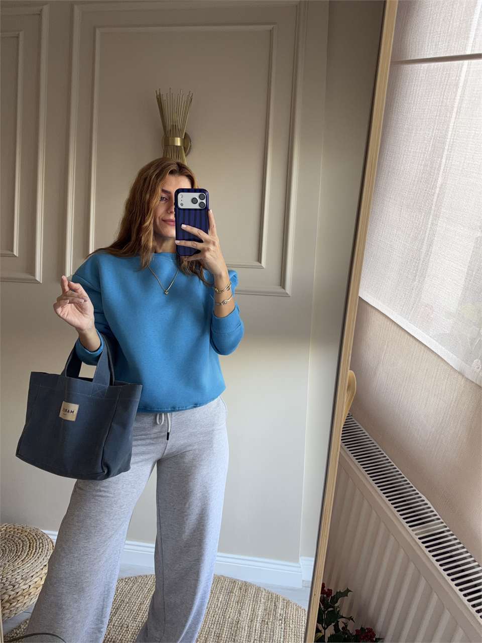 Kadın Bisiklet Yaka Şardonlu Sweatshirt - Mavi