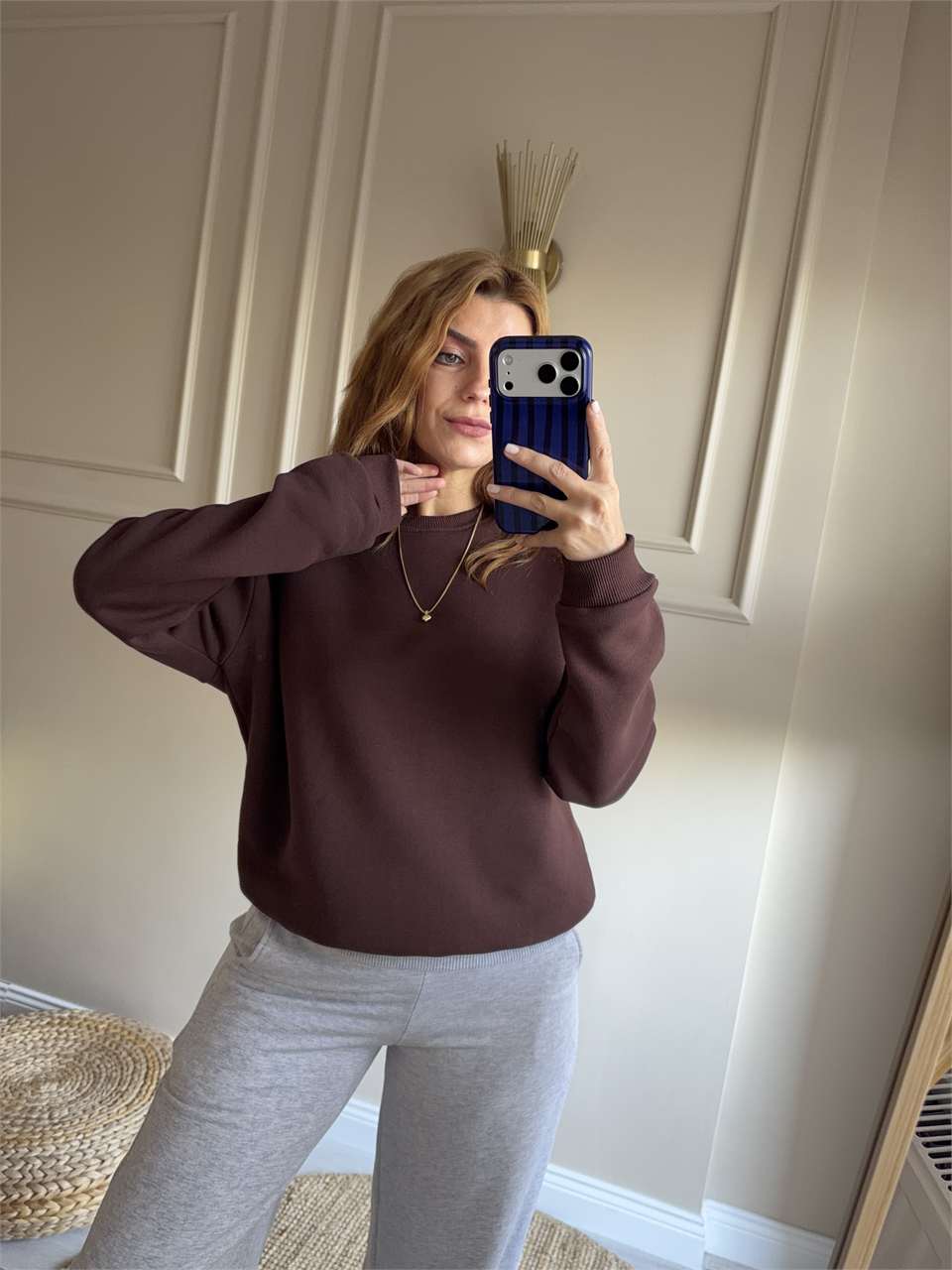 Kadın Bisiklet Yaka Şardonlu Sweatshirt - Acı Kahve