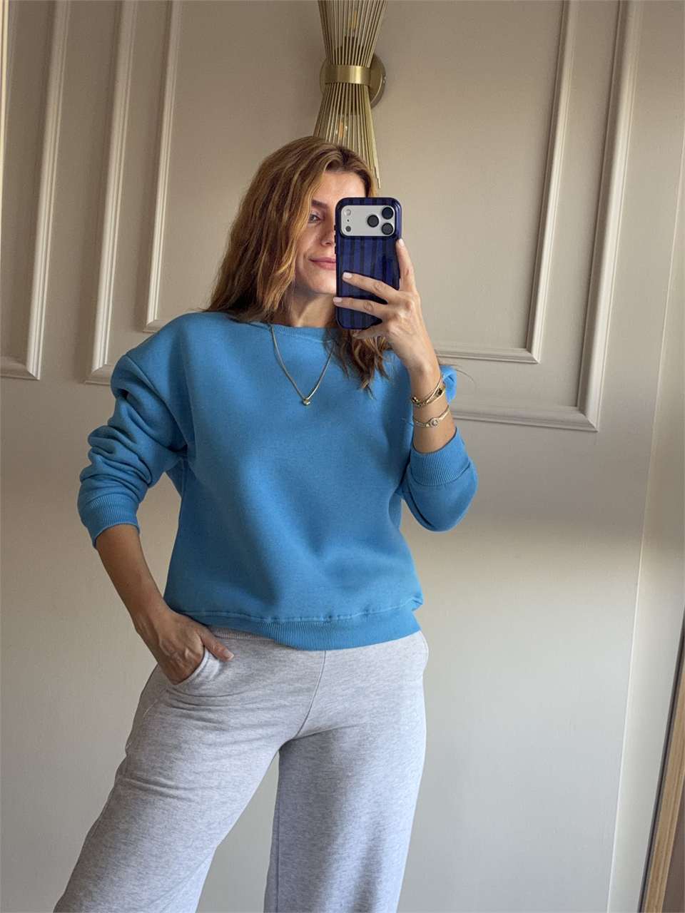 Kadın Bisiklet Yaka Şardonlu Sweatshirt - Mavi