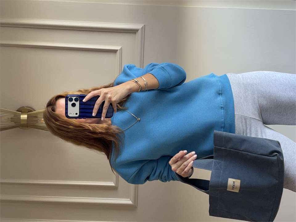Kadın Bisiklet Yaka Şardonlu Sweatshirt - Mavi