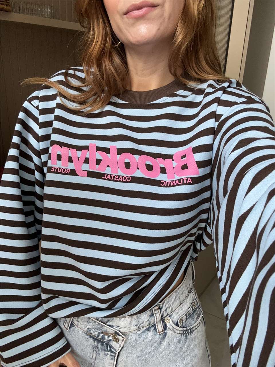 Kadın Brooklyn Baskılı Çizgili Sweatshirt - Mavi