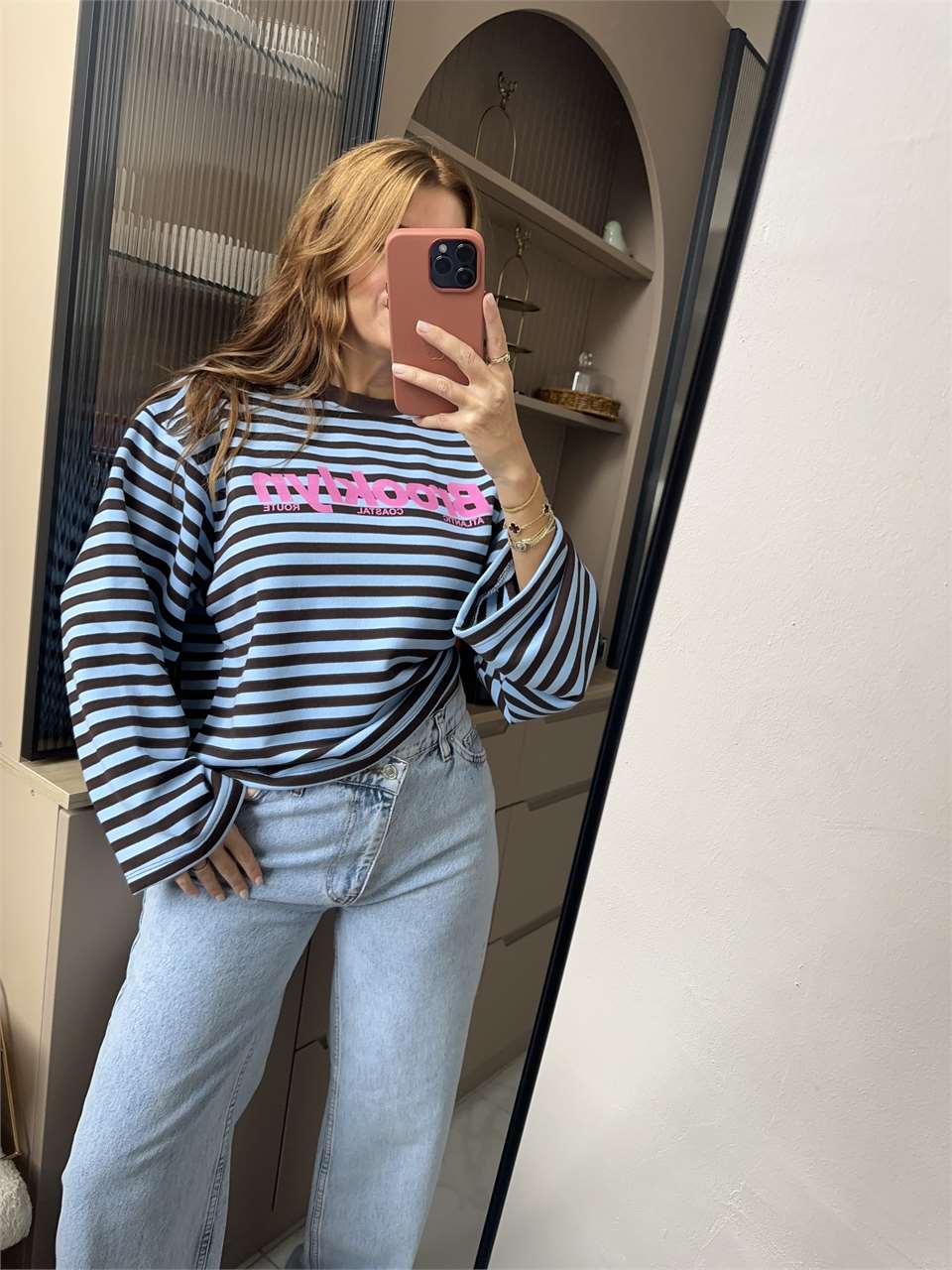 Kadın Brooklyn Baskılı Çizgili Sweatshirt - Mavi