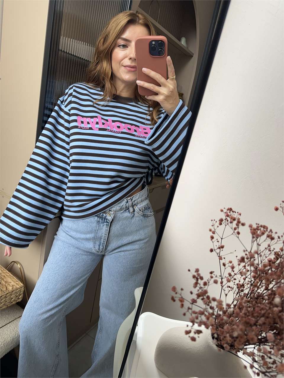 Kadın Brooklyn Baskılı Çizgili Sweatshirt - Mavi