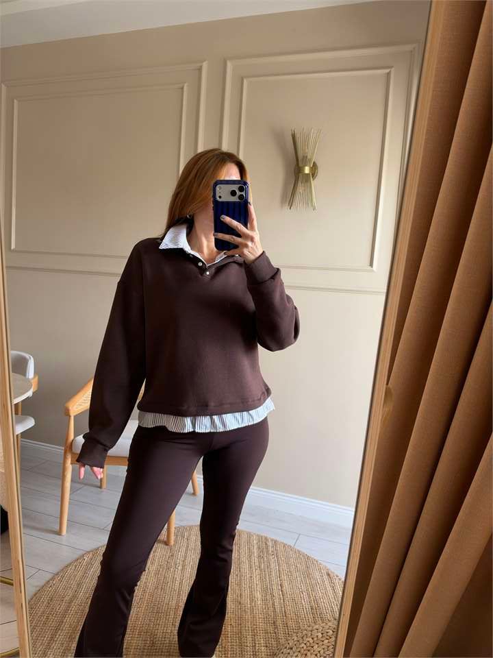 Kadın Çizgili Gömlek Yaka Sweatshirt - Acı Kahve