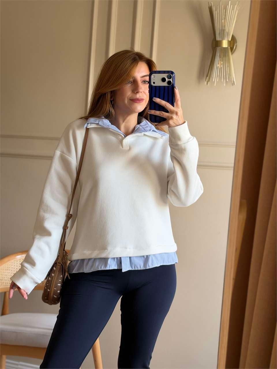 Kadın Çizgili Gömlek Yaka Sweatshirt - Beyaz