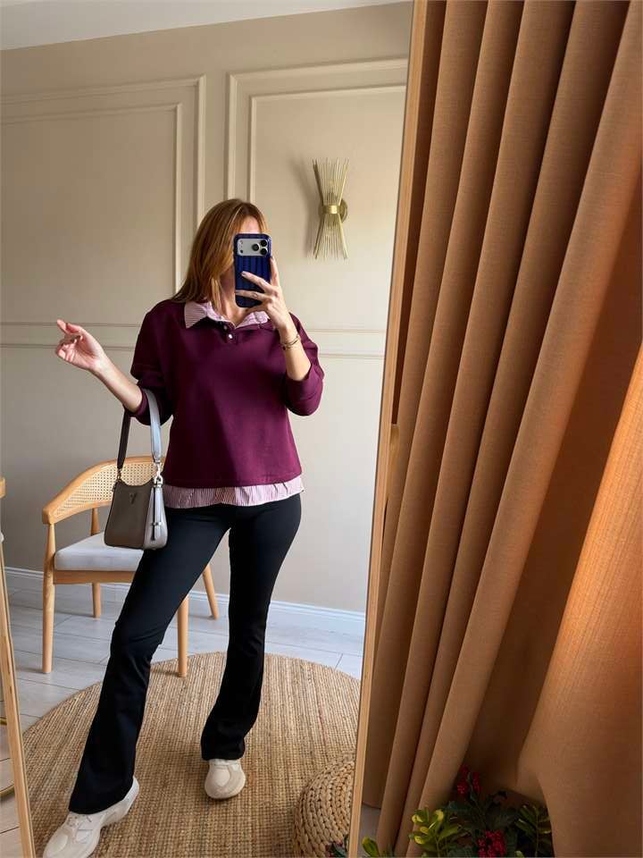 Kadın Çizgili Gömlek Yaka Sweatshirt - Bordo