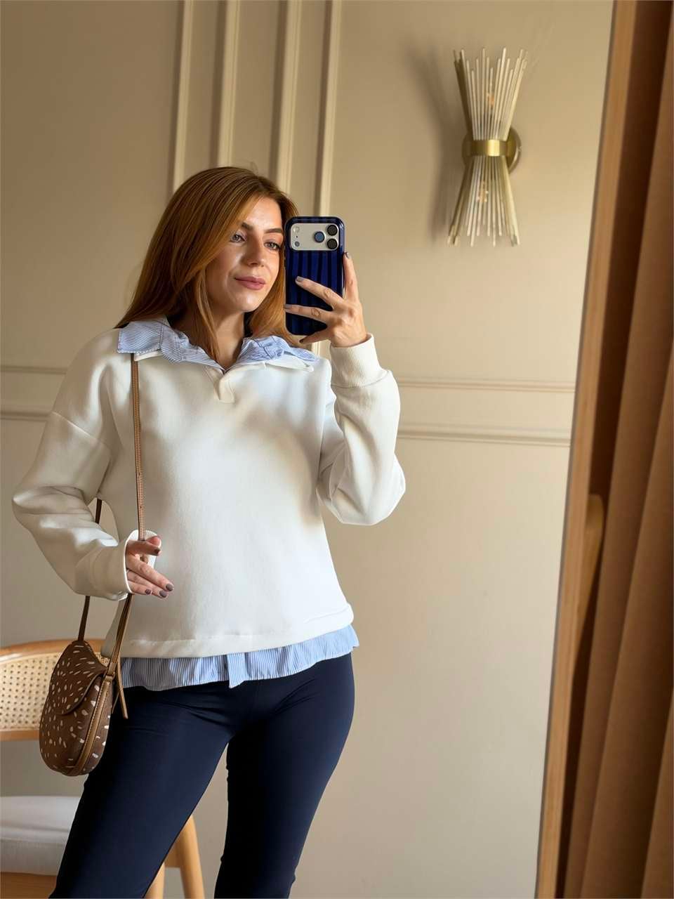 Kadın Çizgili Gömlek Yaka Sweatshirt - Beyaz