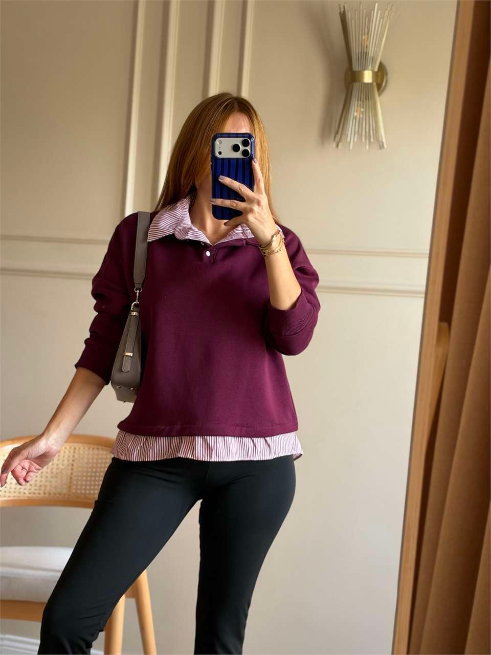Kadın Çizgili Gömlek Yaka Sweatshirt - Bordo