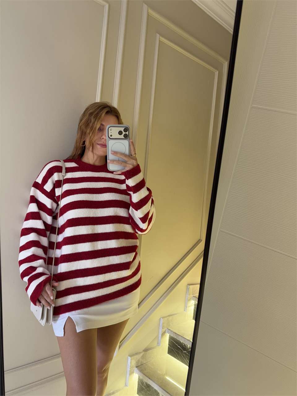 Kadın Çizgili Oversize Kazak - Kırmızı