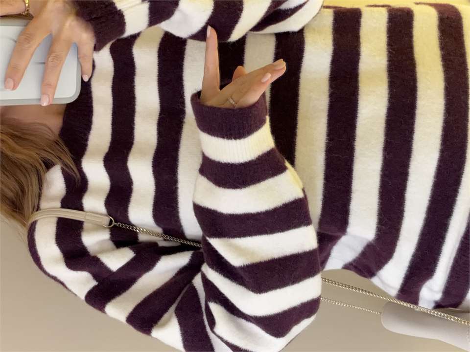Kadın Çizgili Oversize Kazak - Mürdüm