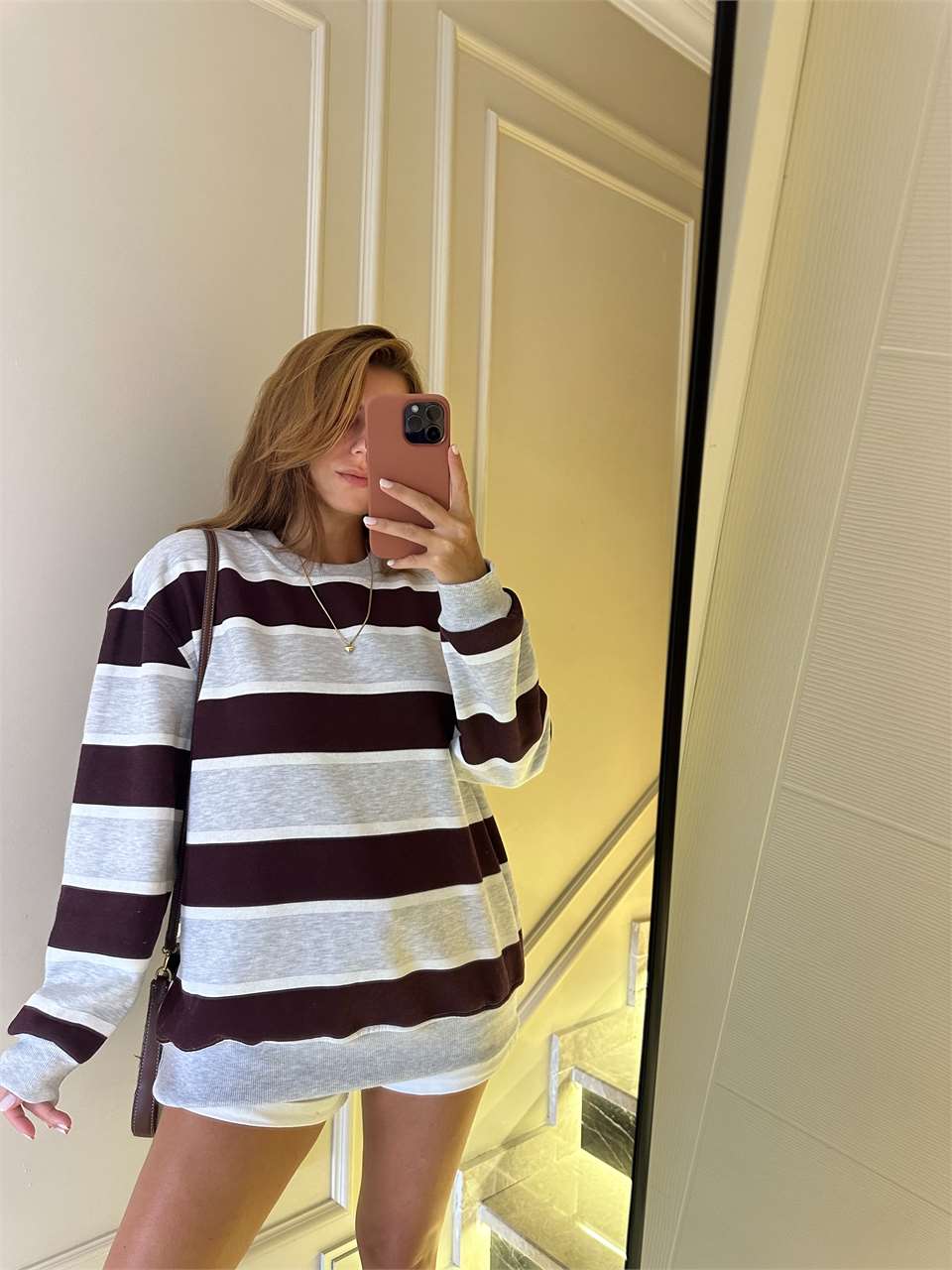 Kadın Çizgili Oversize Sweatshirt - Bordo