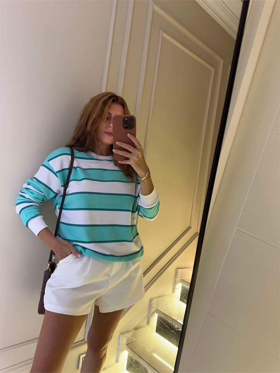 Kadın Çizgili Oversize Sweatshirt - Mintyeşil