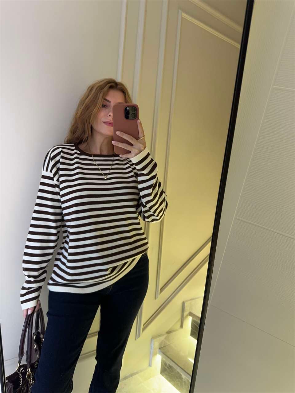 Kadın Çizgili Oversize Triko Bluz - Acı Kahve
