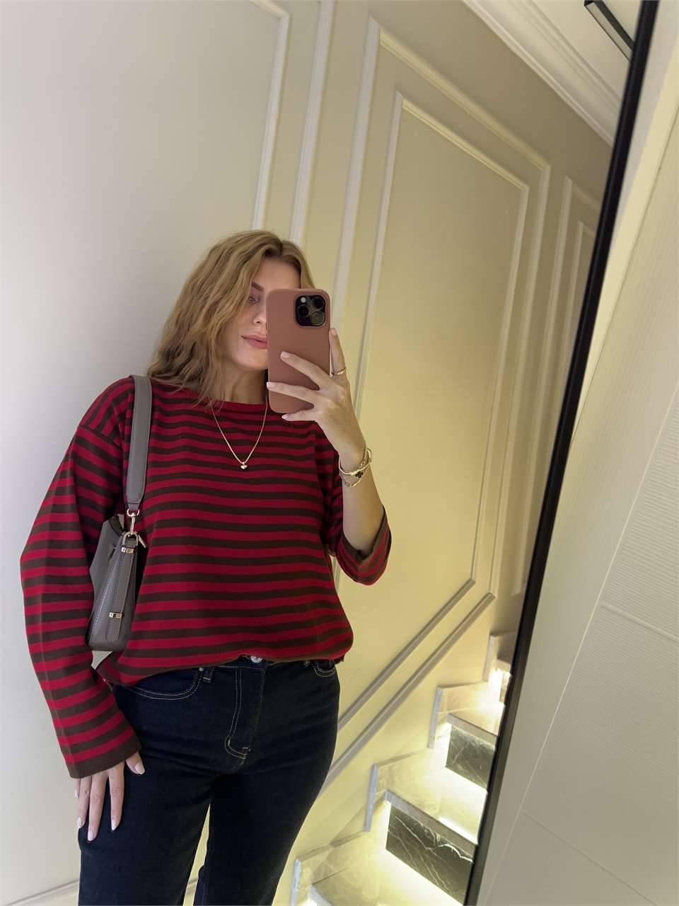Kadın Çizgili Oversize Triko Bluz - Kırmızı